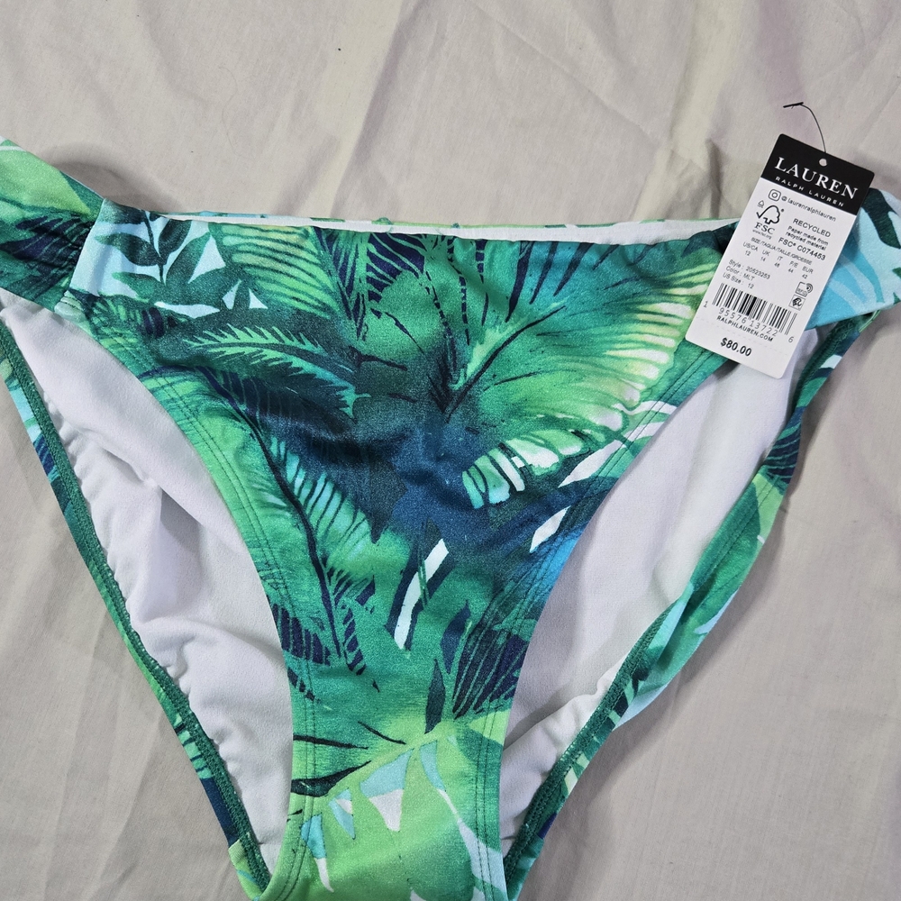 Lauren Ralph Lauren Tropical Bikini Bottom Green Leaf Size 12‎ New With Tags